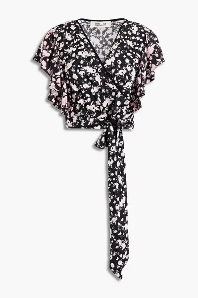 Укороченный топ Cailey из крепдешина с цветочным принтом и хлопковой вышивкой английской вышивки DIANE VON FURSTENBERG, черный