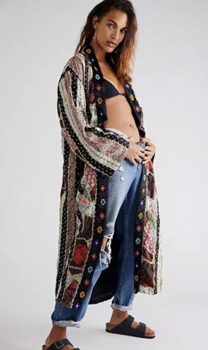 Куртка-кимоно смешанного цвета с вышивкой в стиле пэчворк и бисером Free People Kayla Duster M