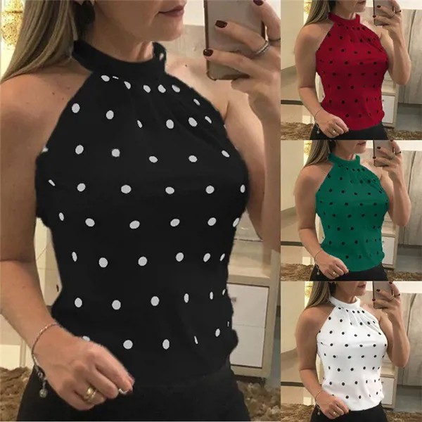 Женщины Летние sleeveless случайные Slim Рубашка Полька Dot Print Висячие шеи Slim Вест Топы