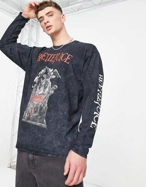 Черный выбеленный oversized-лонгслив с принтом 