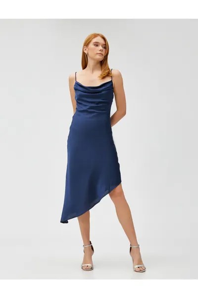 Атласное вечернее платье, вырез с открытыми плечами, асимметричный крой Koton, темно-синий