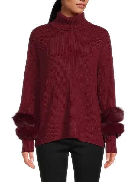 Свитер с воротником-черепахой и отделкой из искусственного меха Saks Fifth Avenue, цвет Cabernet