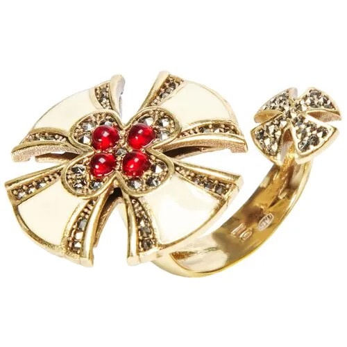 Кольцо Misis, серебро, 925 проба, золочение, марказит, эмаль, корунд, безразмерное, золотой, красный