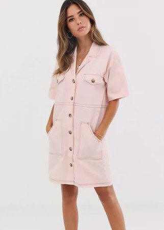 Платье-рубашка мини в стиле милитари с контрастными строчками ASOS DESIGN-Розовый цвет