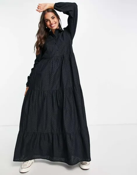 Черное платье-рубашка макси из ткани добби ASOS DESIGN-Черный цвет