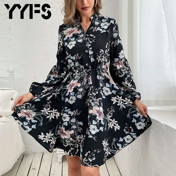YYFS Черный цветочный принт Женщины Осень Зима Винтаж Длинные рукава V Шея Короткое платье Повседневные платья