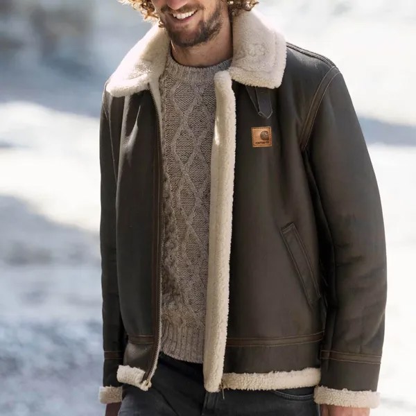 Мужская куртка винтажная флисовая с лацканами из овчины классическое пальто-авиатор на открытом воздухе темно-коричневое