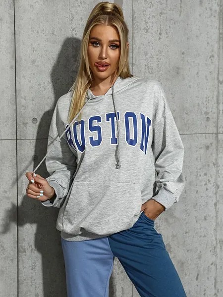 Milanoo Hoodie For Women Grey Long Sleeves Letters Print Pattern Lace Up Polyester Hooded Sweatshirt