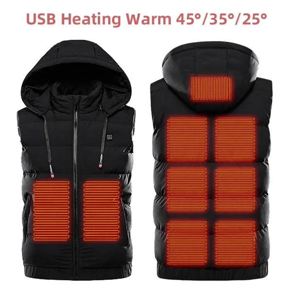 Новейший мужской зимний жилет с USB-подогревом, куртка без рукавов, жилет с капюшоном, утепленная уличная спортивная одежда, большие размеры