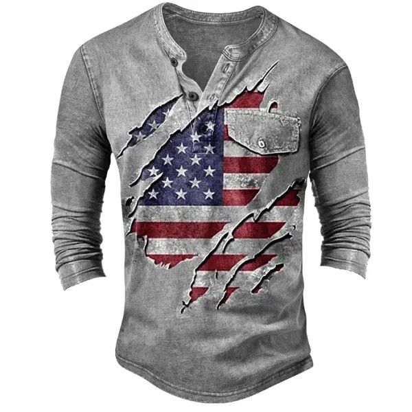 Мужская удобная мягкая футболка Henley с длинным рукавом и принтом американского флага в стиле ретро