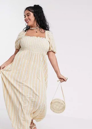 Платье макси в полоску с присборенным лифом и пышными рукавами ASOS DESIGN Curve-Мульти