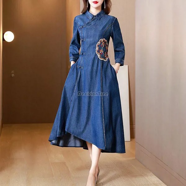 2023 осеннее Новое китайское этническое платье cheongsam улучшенное джинсовое платье женское Элегантное повседневное платье с вышивкой и длинны...