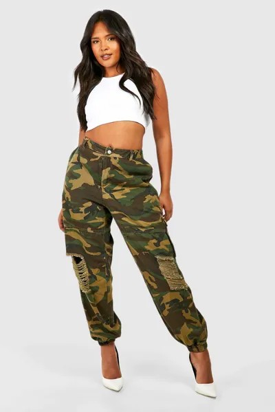 Джинсы-карго из денима с карманными рваными карманами Boohoo, хаки