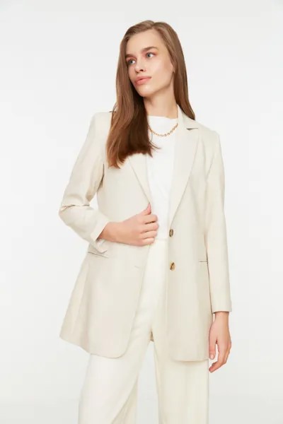 Бежевый пиджак из тканого материала с двумя пуговицами Trendyol Modest