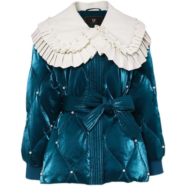 Женская короткая куртка на утином пуху, плиссированная теплая куртка контрастных цветов с большими лацканами и бисером, зима 2021