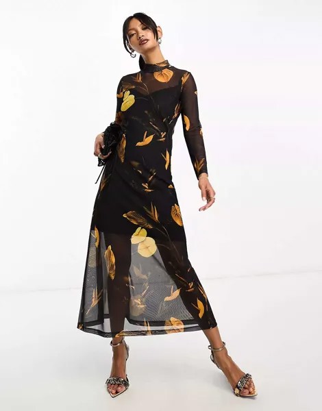 Черное сетчатое платье миди с длинными рукавами AllSaints Hannah Aretha