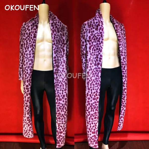 Индивидуальная Мужская розовая леопардовая Асимметричная имитация лисьего меха пальто костюм для бара ночного клуба ds сценическая одежда