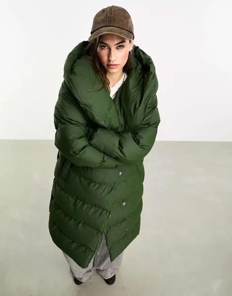 Зеленое длинное длинное пуховое пальто с объемным капюшоном Noisy May Droplets