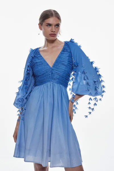 Тканое мини-платье из хлопка с аппликациями Karen Millen, синий