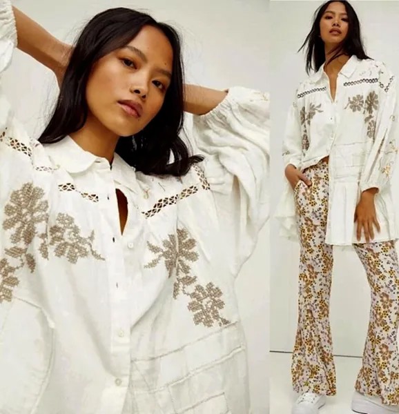 Мини-платье Free People Louisa в стиле пэчворк, туника с вышивкой и оборками цвета слоновой кости XS, НОВИНКА