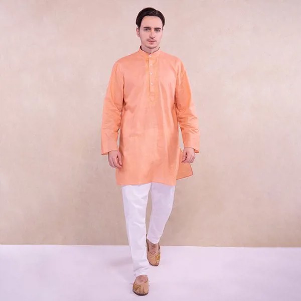 Индийская одежда Kurtha для мужчин Kurtis в этническом стиле оранжевая рубашка белые брюки одежда из индуии мужской хлопковый костюм Kurta India