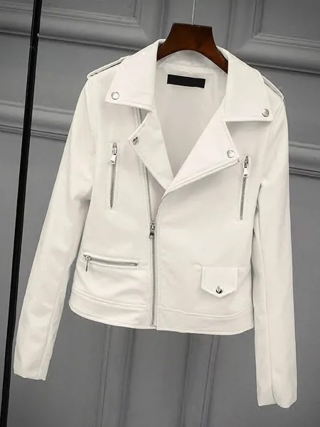 Milanoo White Moto Jacket Turndown Collar Long Sleeve Women's Boyfriend Leather Jacket