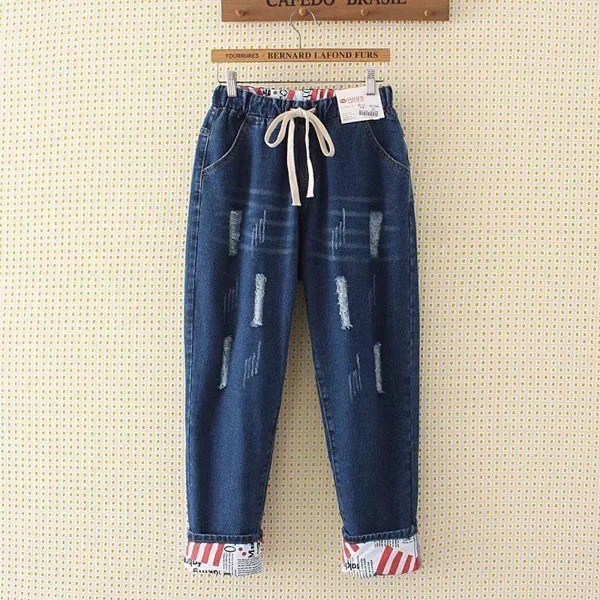 Женщины Весна и осень Большой размер Высокий Waist Случайные брюки Loose Hole Джинс джинсовой обрезанные брюки