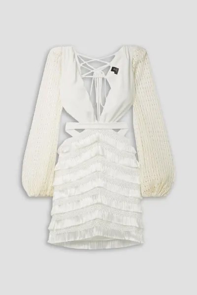 Мини-платье вязки крючком и атласного джерси с вырезом и бахромой Patbo, белый