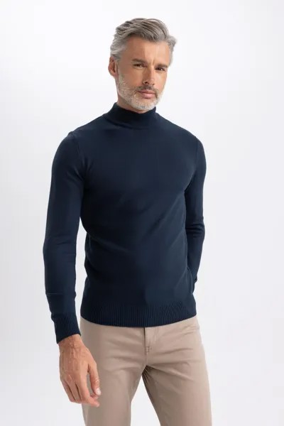 Облегающий трикотажный свитер с высоким воротником DeFacto, темно-синий