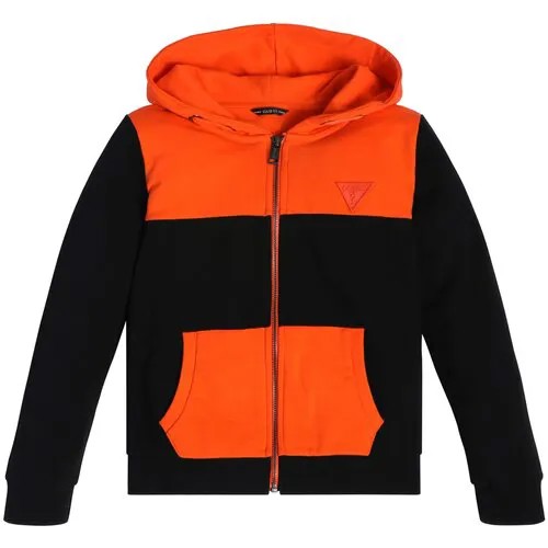 Толстовка GUESS, средней длины, капюшон, карманы, размер 164, черный, оранжевый