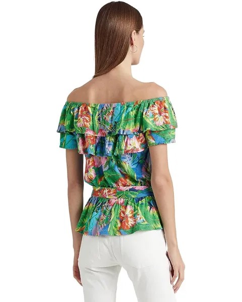 Топ LAUREN Ralph Lauren Petite Floral Jersey Off-the-Shoulder Top, цвет Green/Blue Multi