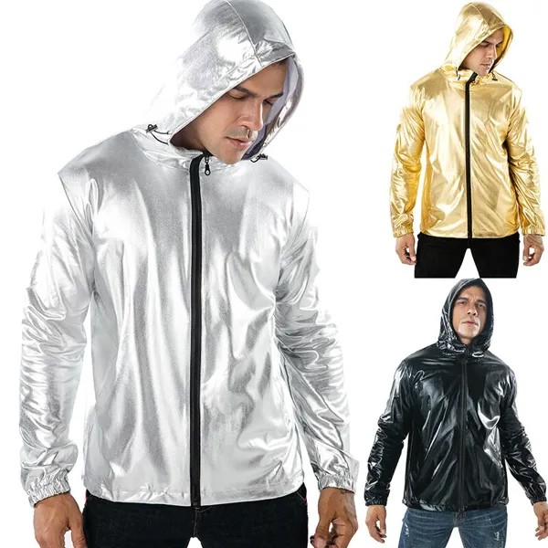 Мужская Серебристая позолоченная куртка для мальчиков, модная блестящая спортивная куртка на молнии с капюшоном, Топ с длинным рукавом, пов...