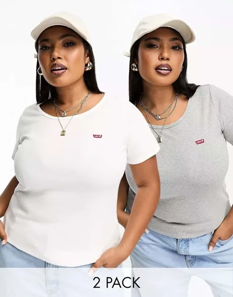 2 пары маленьких футболок с логотипом Levi's Plus белого и серого цвета