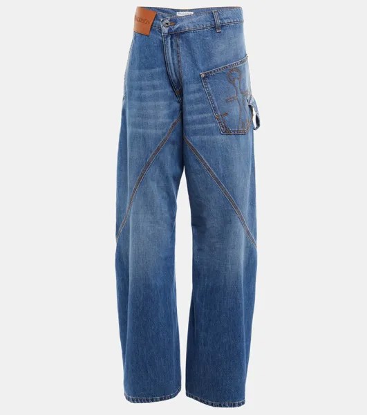 Широкие джинсы с вышивкой и перекрученными штанинами Jw Anderson, цвет light blue denim