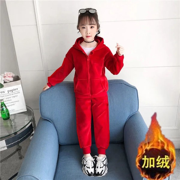 Костюм Теплый Бархатный для девочек 4-14 лет, модная толстовка с капюшоном и штаны, комплект из 2 предметов, Осень-зима