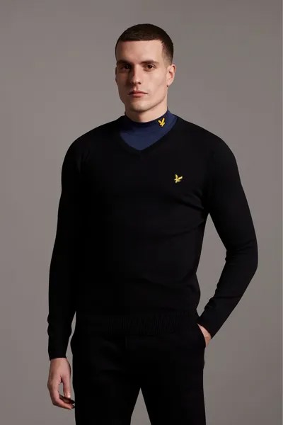 Свитер с V-образным вырезом из хлопка и шерсти мериноса Lyle & Scott, черный