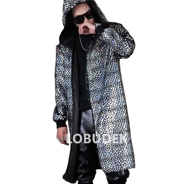 Длинное пальто в стиле панк для ночного клуба, Мужская модная верхняя одежда в стиле певицы, одежда для сцены в стиле хип-хоп, серебристый и белый цвета