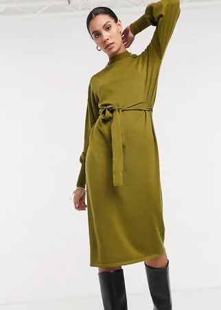 Платье миди с высоким воротником и поясом на талии в зеленом цвете Vero Moda Tall-Зеленый