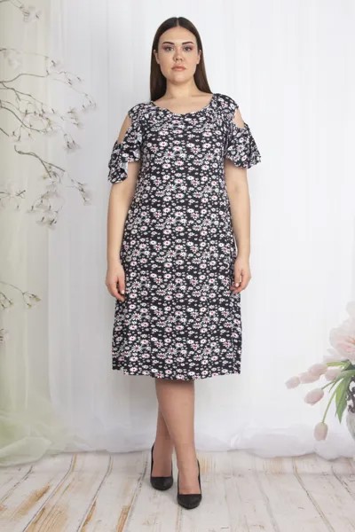 Женское красочное платье большого размера с открытыми плечами и цветочным узором 65n22386 Şans, разноцветный