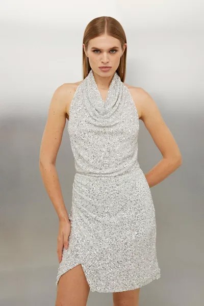 Мини-платье из джерси с пайетками и воротником-хомутом Karen Millen, серебро