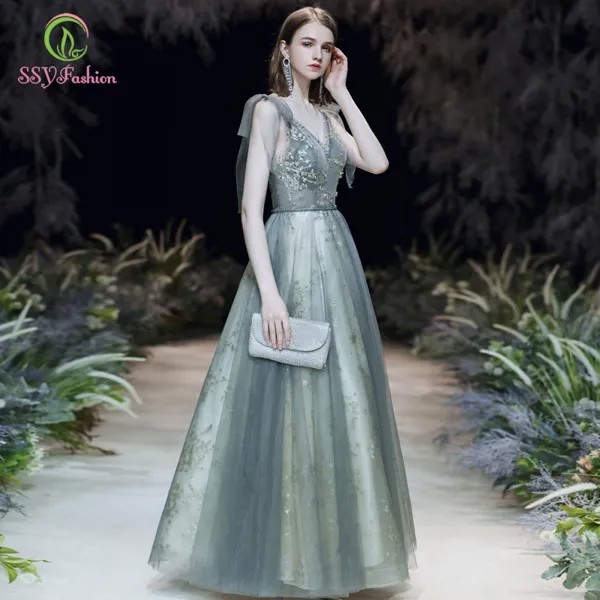 Женское вечернее платье с блестками SSYFashion, длинное банкетное платье серого и зеленого цвета с V-образным вырезом и аппликацией для особых случаев