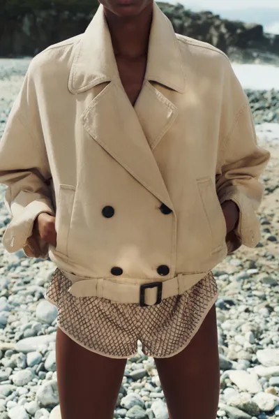 Короткий тренч куртка с поясом ZARA, экрю