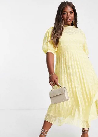 Желтое платье миди с пышными рукавами, высоким воротником, шевронным узором и плиссированной юбкой из ткани добби ASOS DESIGN Curve-Желтый