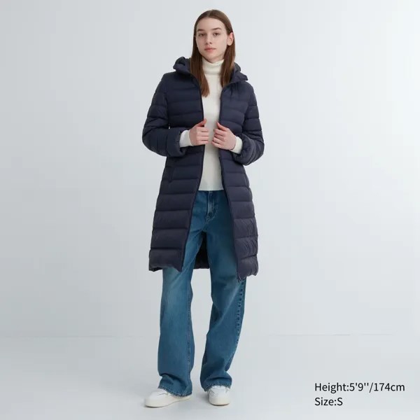 Ультралегкое длинное пуховое пальто Uniqlo, темно-синий