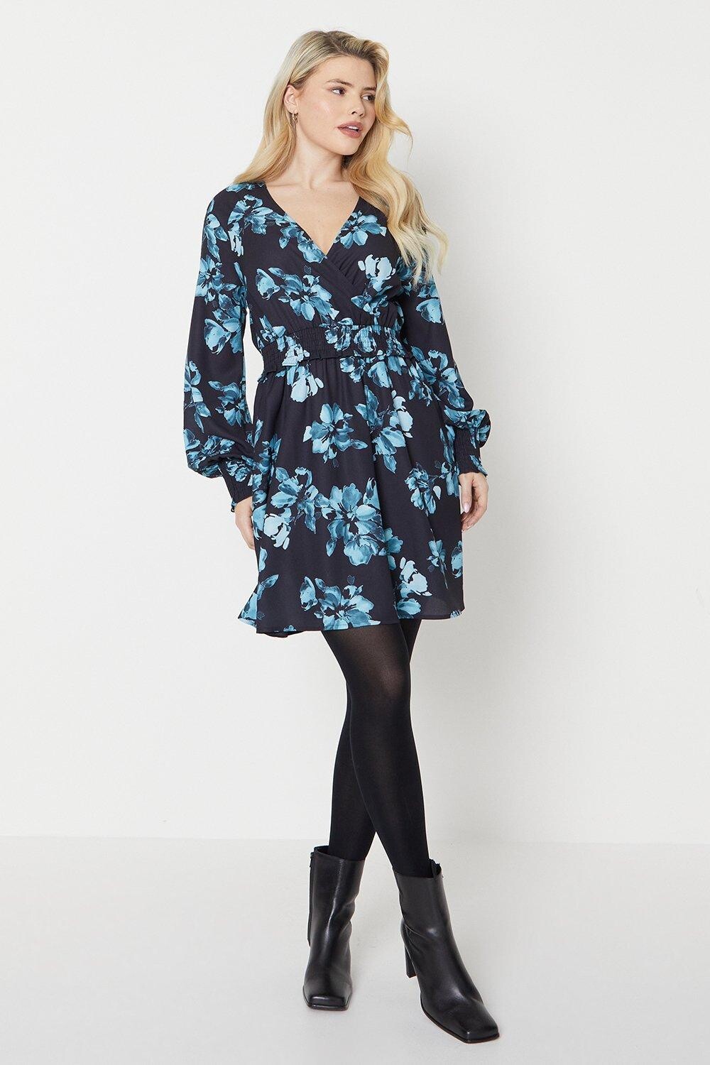 Платье миди с высоким цветочным принтом и присборенной талией Dorothy Perkins, черный