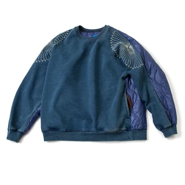 Толстовки Ameikaji с вышивкой синего цвета, свободный крой, хлопковый комбинированный японский хлопковый махровый пуловер с круглым вырезом, м...