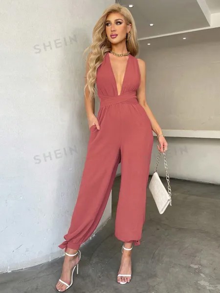 SHEIN BAE Однотонный комбинезон с перекрещенной спиной и открытой спиной, пыльный розовый