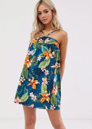 Сарафан-халтер мини с пальмовым принтом ASOS DESIGN-Мульти