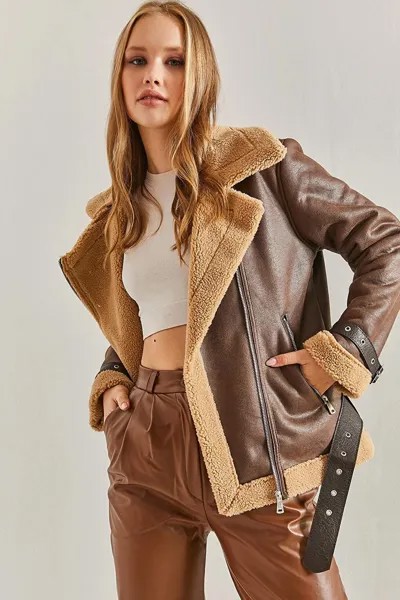 Женское пальто из ламинированной замши с рукавами с поясом и меховыми кончиками SHADE, коричневый