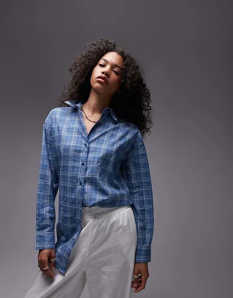 Длинная блузка-рубашка Topshop – синего цвета в клетку